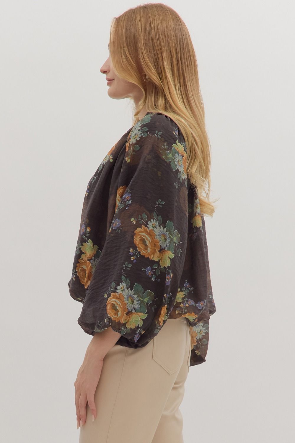 Floral Print Long Sleeve Top in Chocolate by Entro