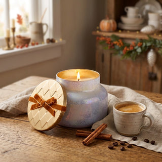 Capri Blue Cinnamon Cortado Winter Bazaar candle burning on a wooden table with coffee, cinnamon, and autumn decor.