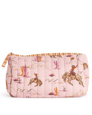 Howdy Hunny Quilted Cosmetic Bag in Light Pink/Multi with western cowboy and desert landscape pattern.
