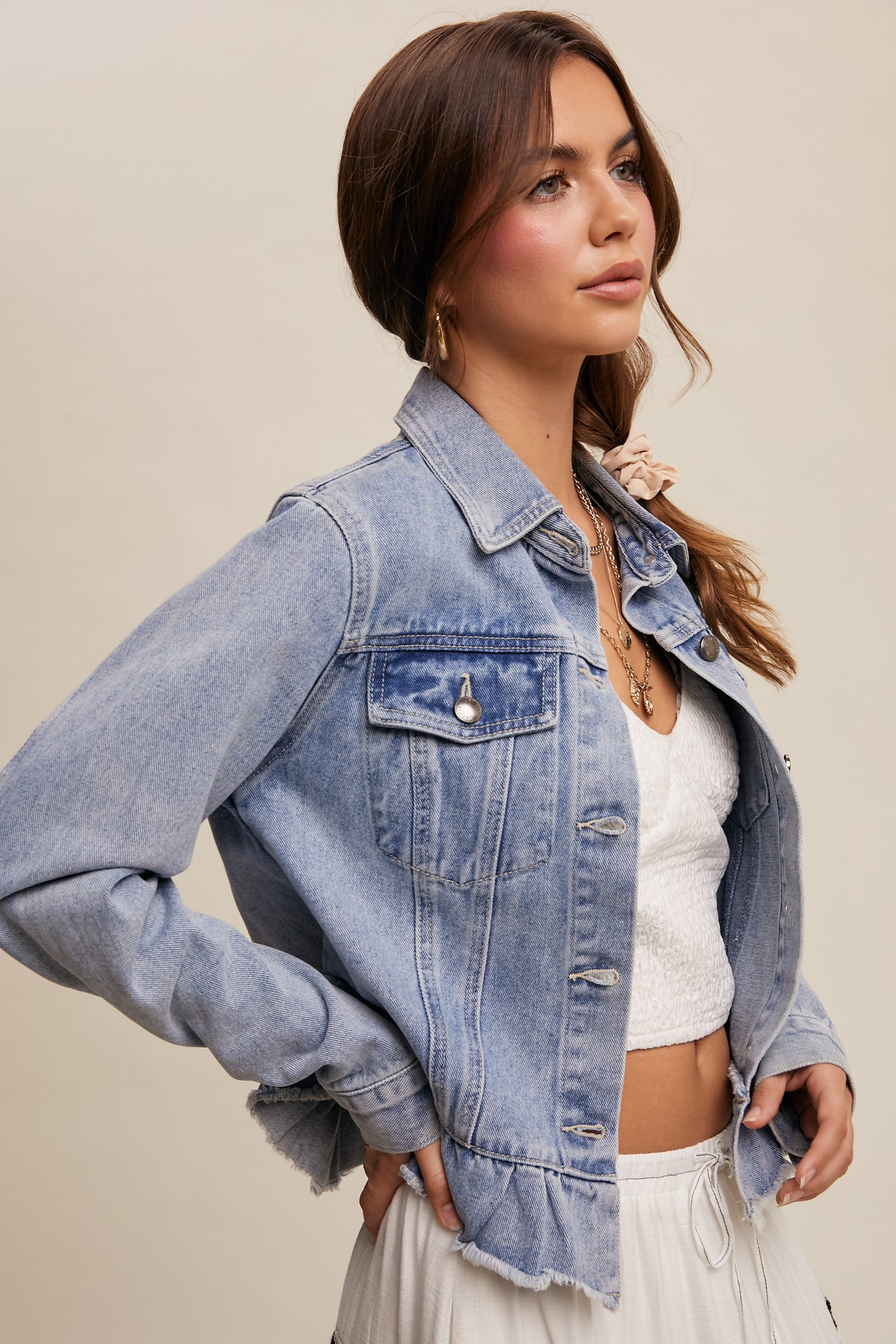 Ruffled Hem Denim Jacket by Listicle