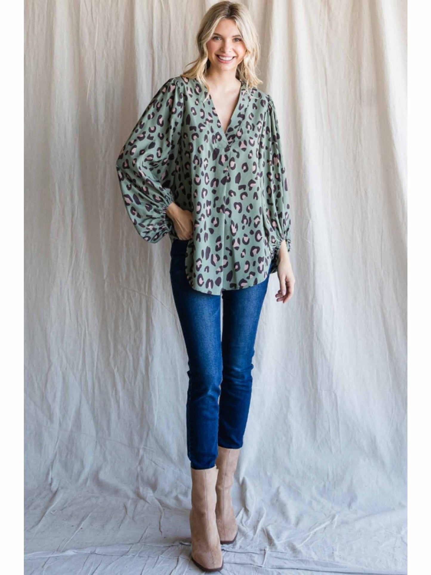 Leopard Print V-Neckline Top with Bubble Sleeves by Jodifl
