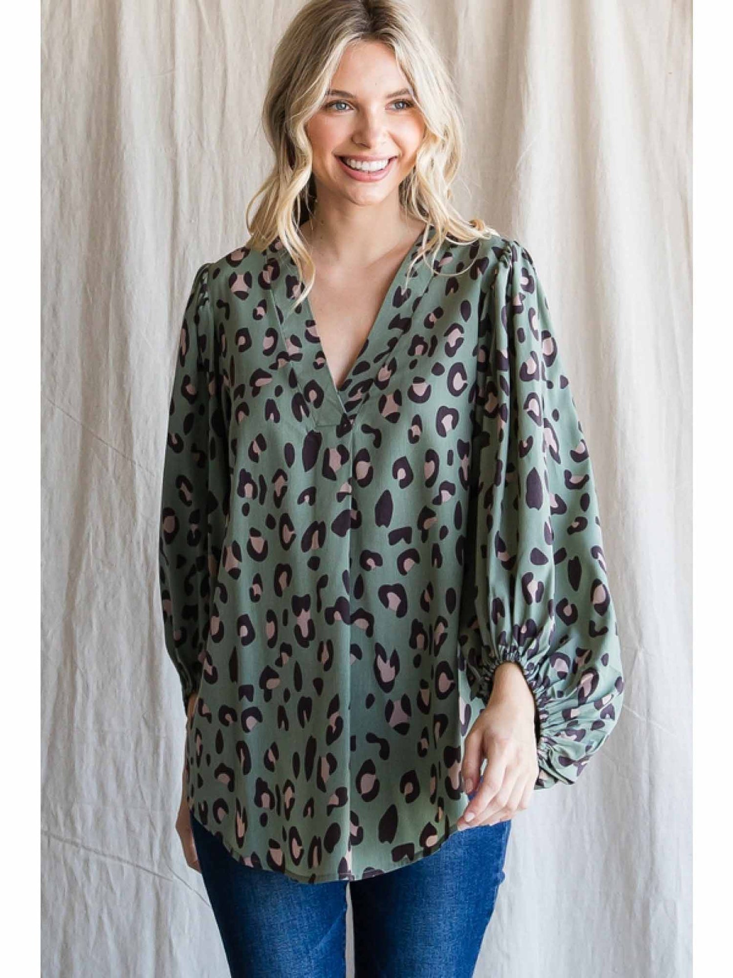 Leopard Print V-Neckline Top with Bubble Sleeves by Jodifl
