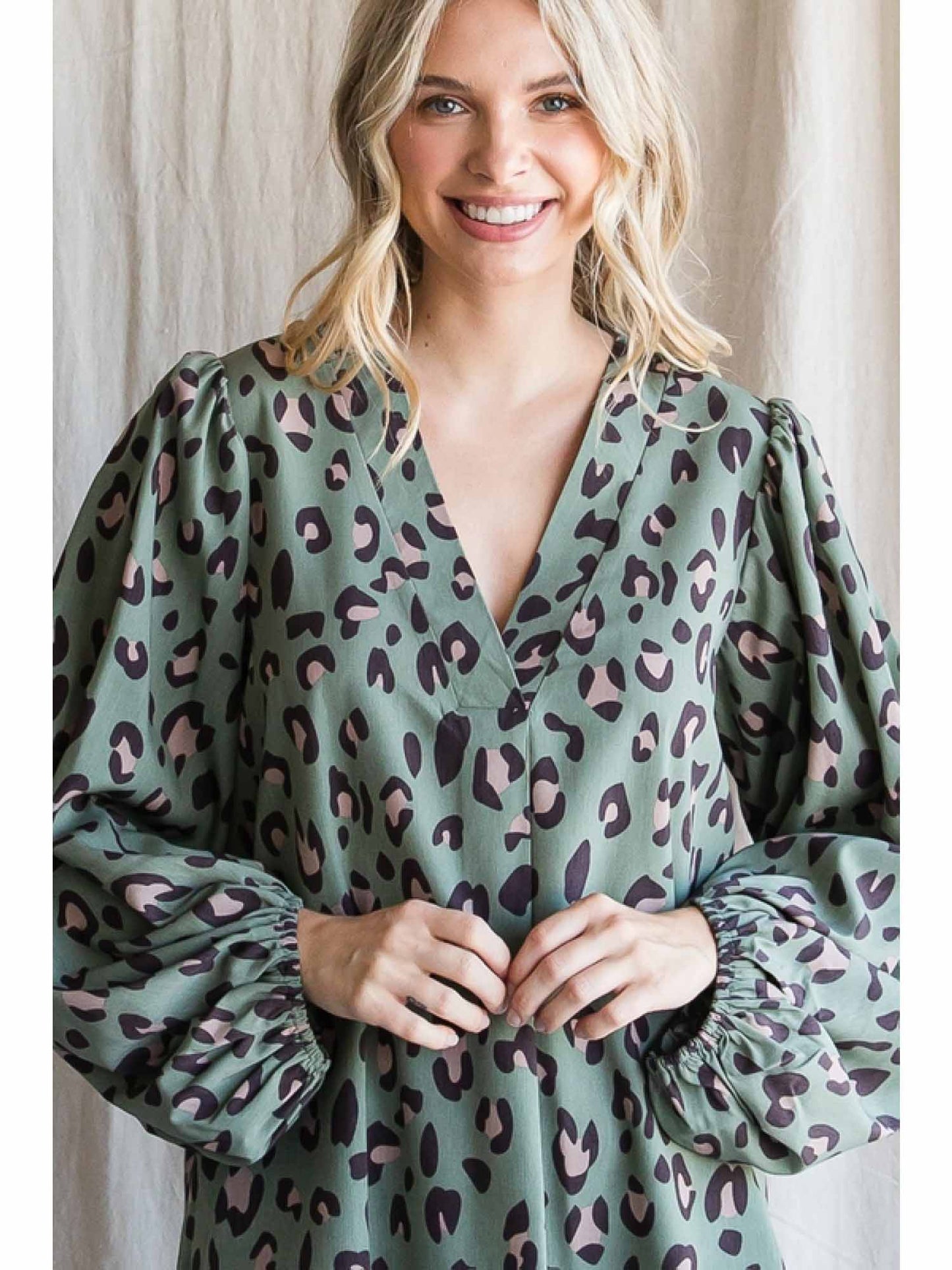 Leopard Print V-Neckline Top with Bubble Sleeves by Jodifl