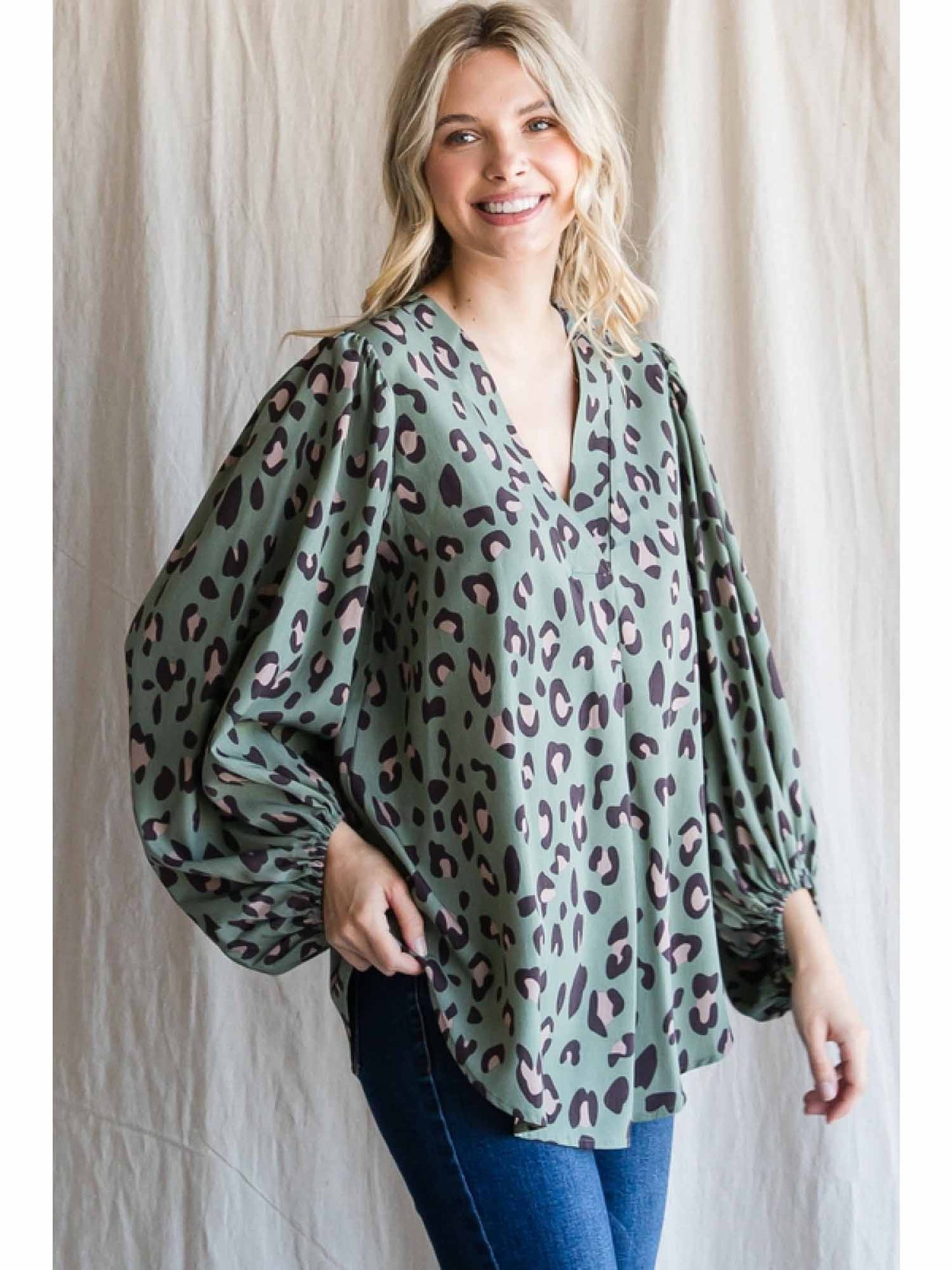 Leopard Print V-Neckline Top with Bubble Sleeves by Jodifl