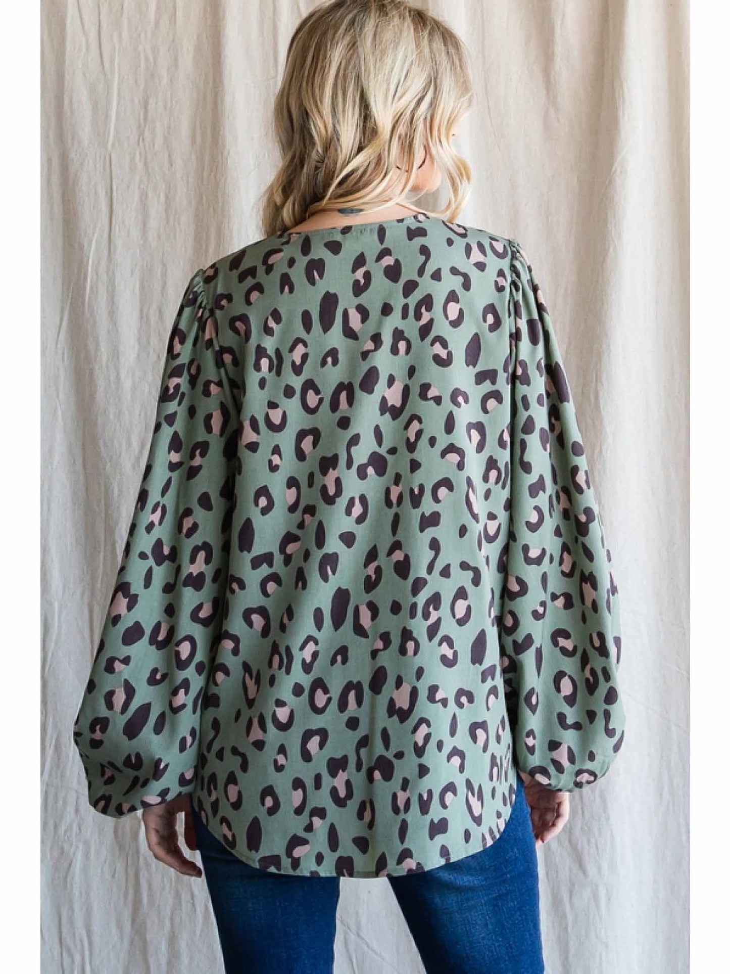 Leopard Print V-Neckline Top with Bubble Sleeves by Jodifl