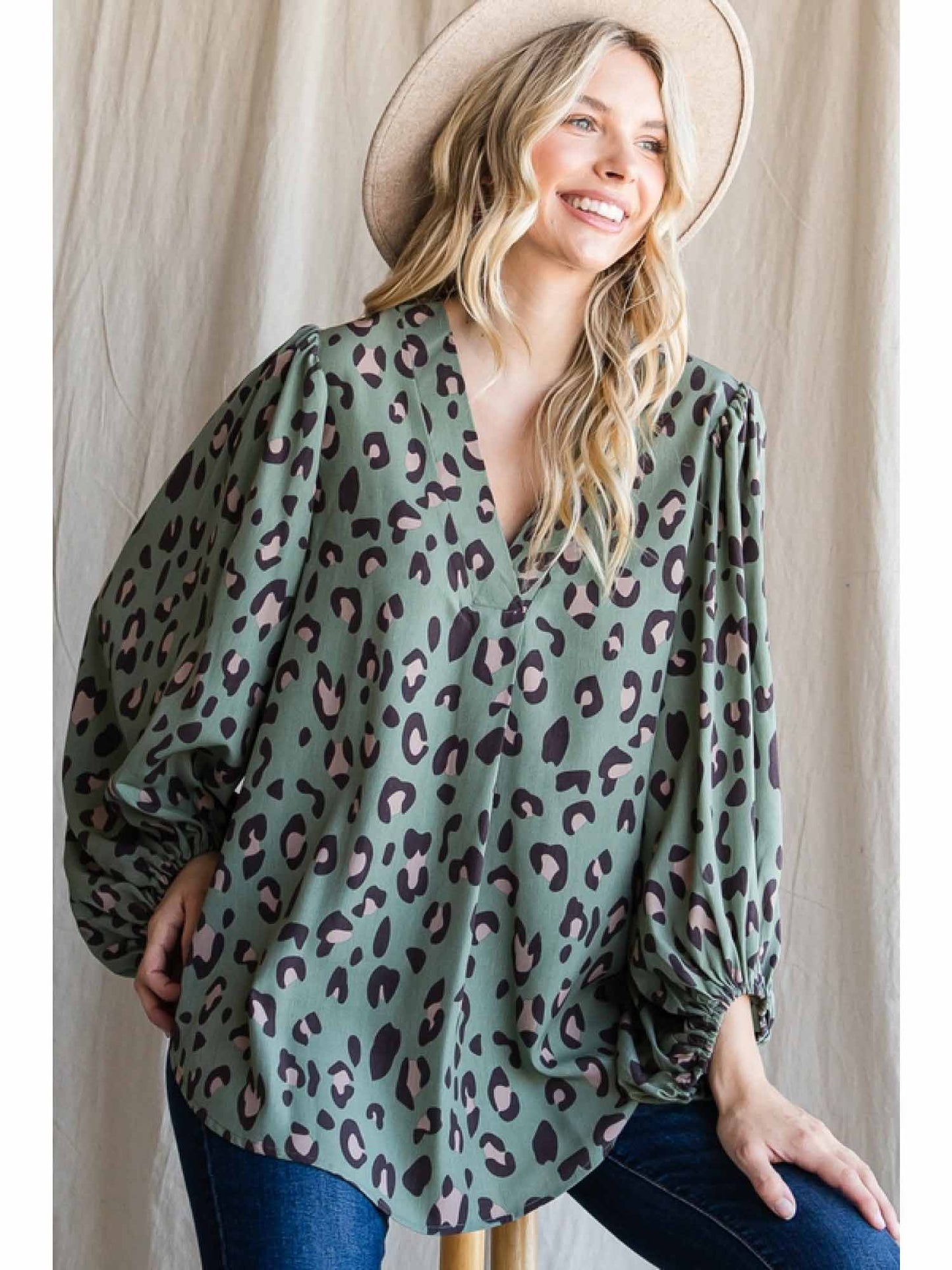 Leopard Print V-Neckline Top with Bubble Sleeves by Jodifl
