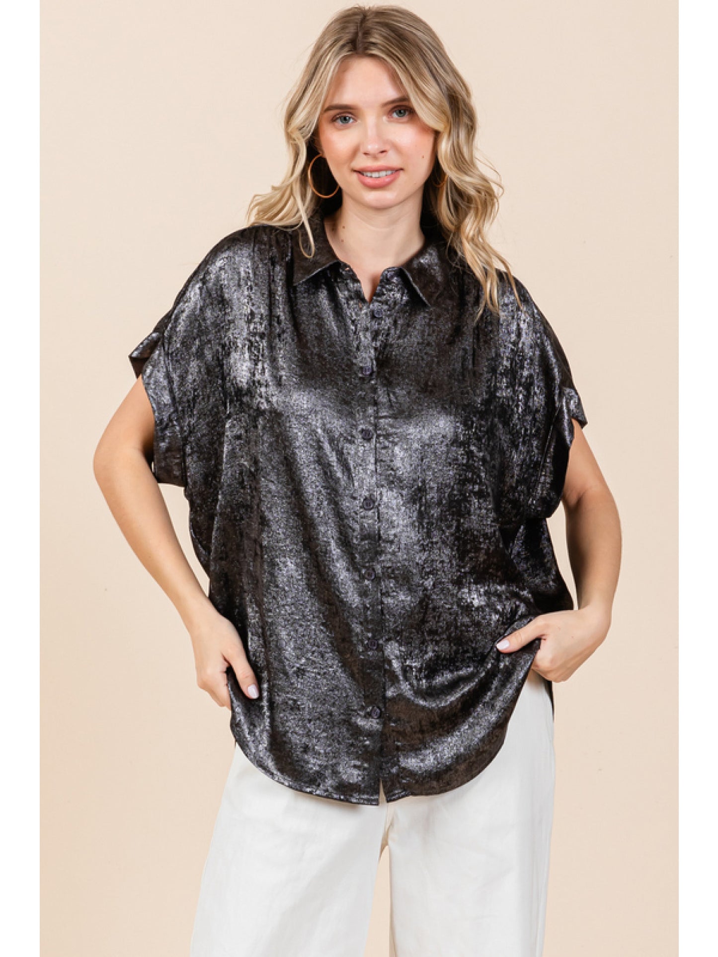 Metallic Collared Button Up Top by Jodifl