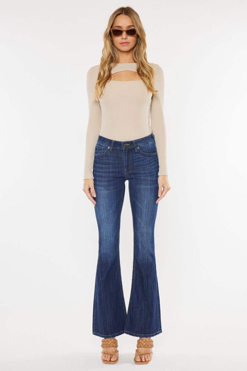 Petite Mid-Rise Flare Jeans in Dark Blue by KanCan