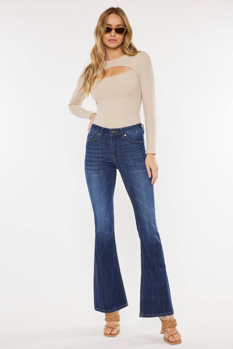 Petite Mid-Rise Flare Jeans in Dark Blue by KanCan