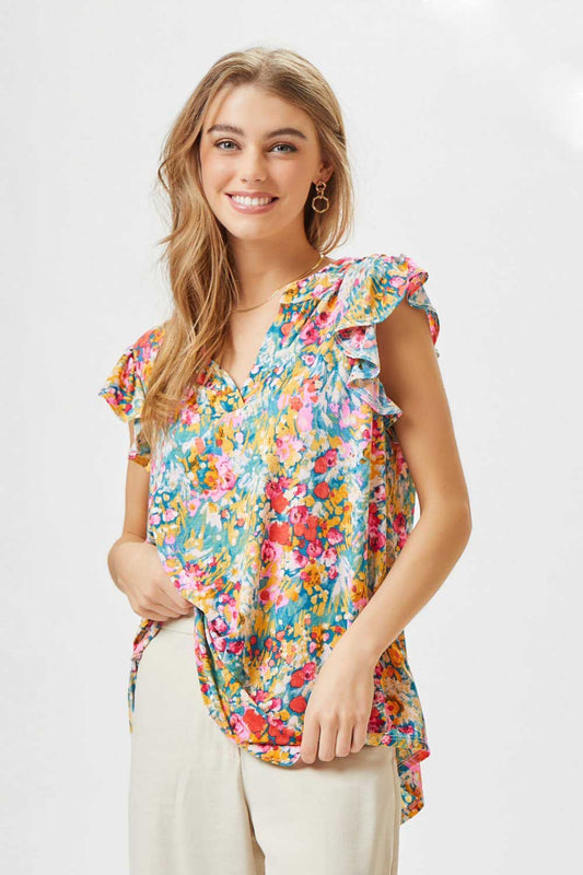Floral Top with Flutter Sleeves in Teal Multi by Dear Scarlett
