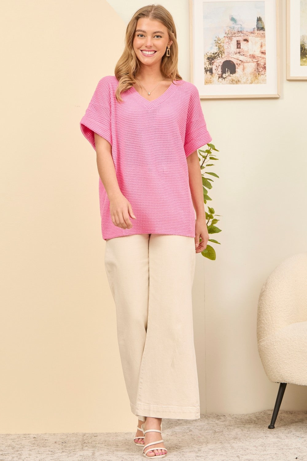 Short Sleeve V Neck Crochet Top by Andree by Unit