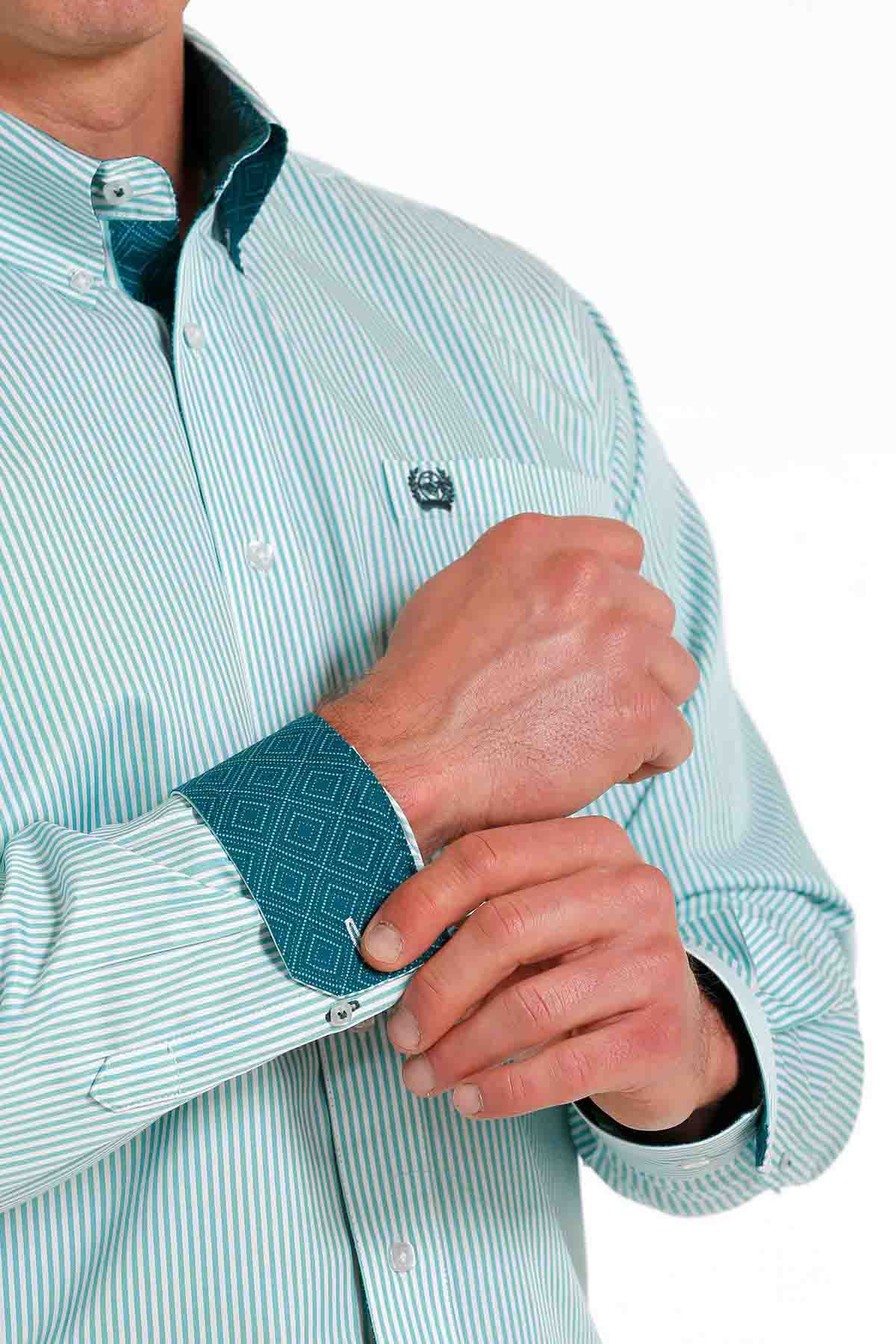 Cinch Men's Stripe Tencel Button-Down Western Shirt in White-Green