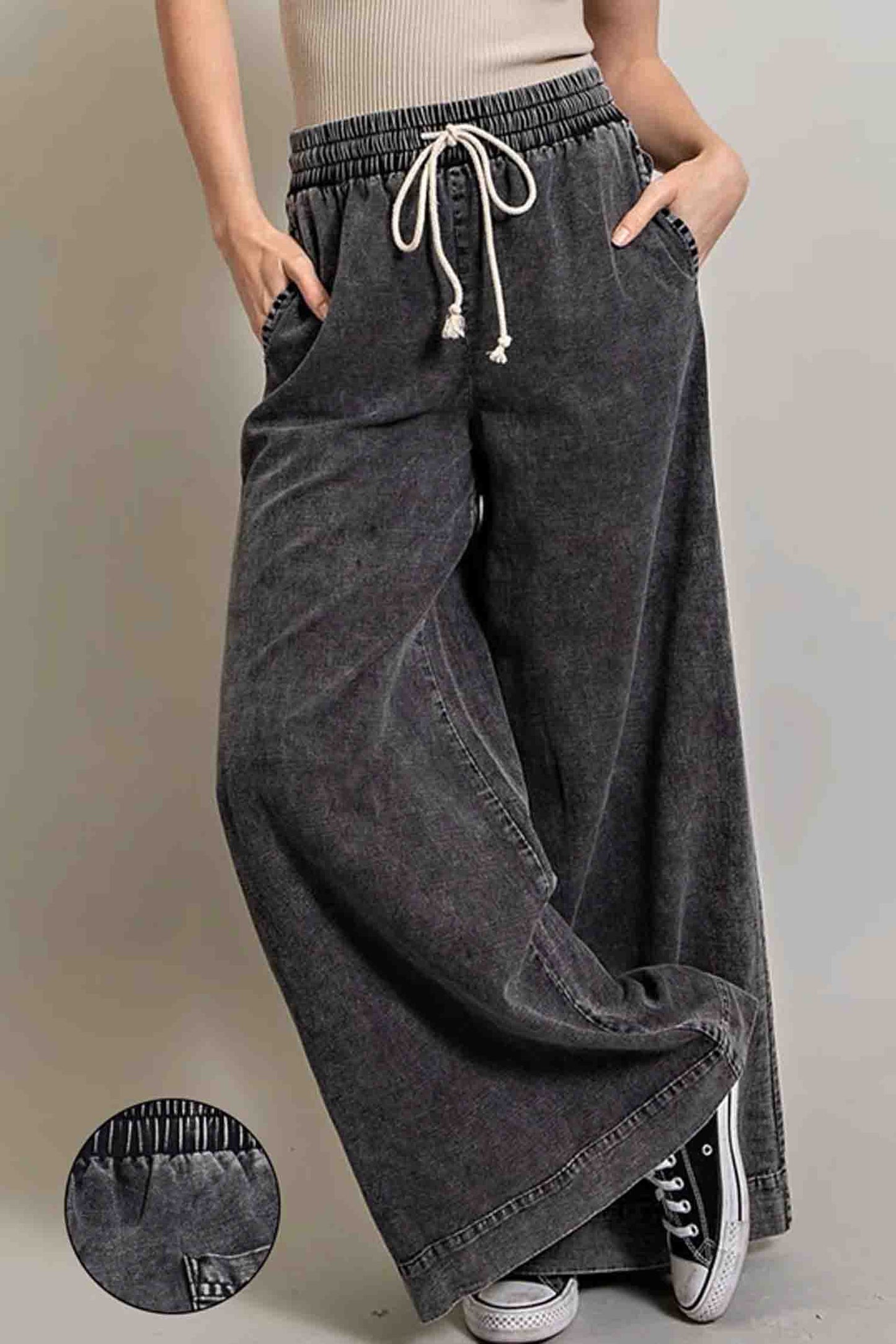 Mineral Washed Wide Leg Pants Black