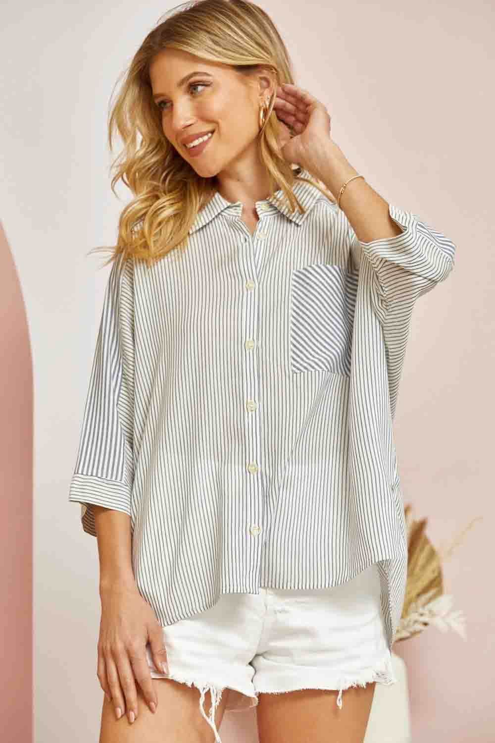 Striped Casual Top with Pocket Denim Mix