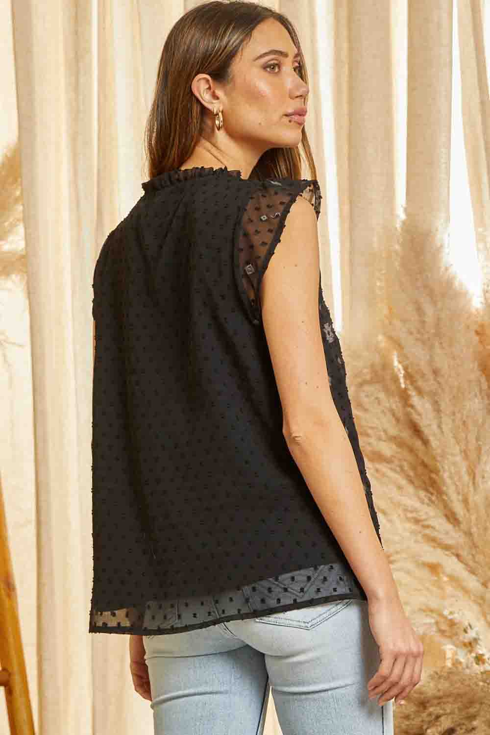 V-Neck Swiss Top Flutter Sleeves with Simple Embroidery