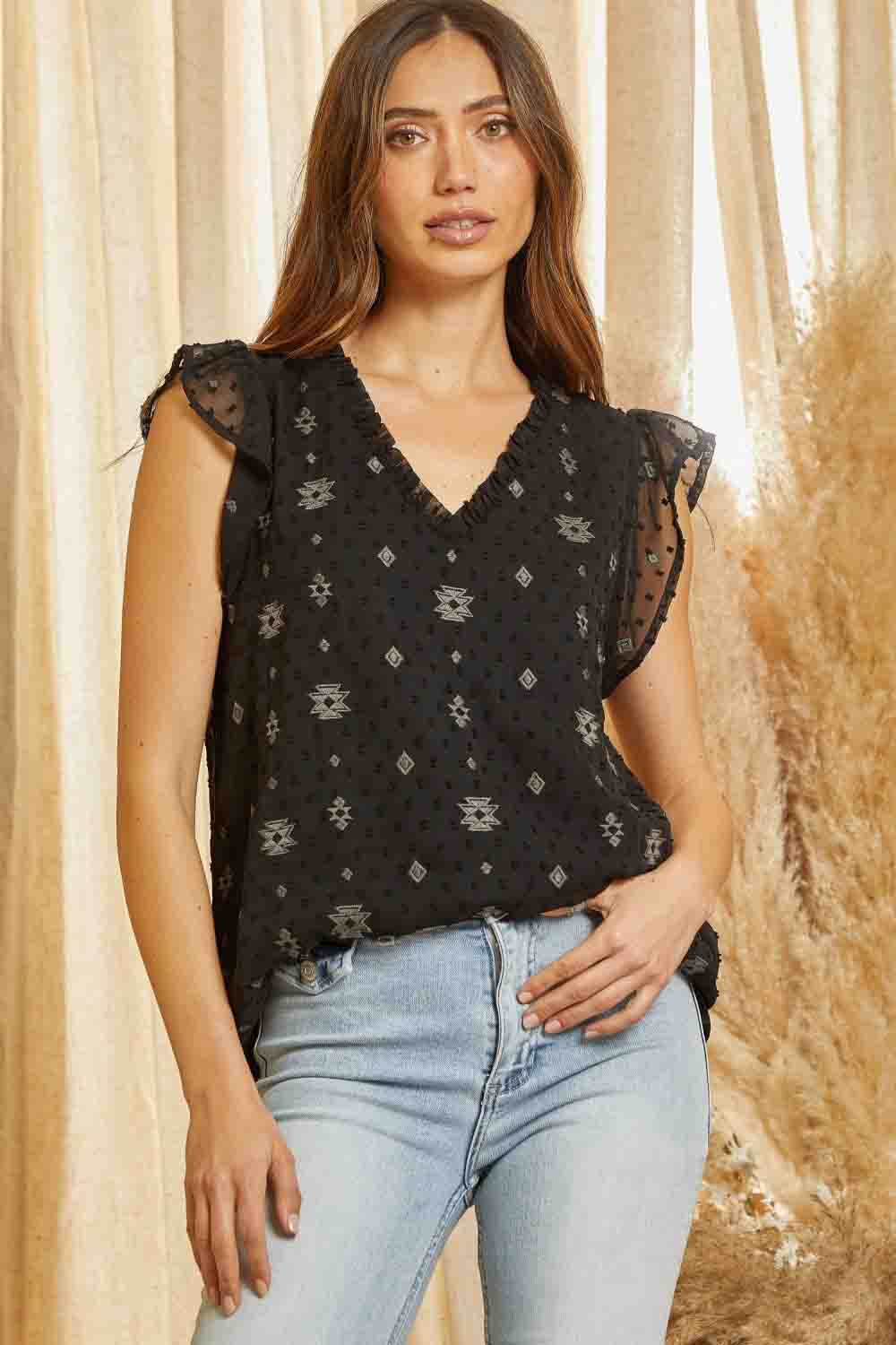 V-Neck Swiss Top Flutter Sleeves with Simple Embroidery