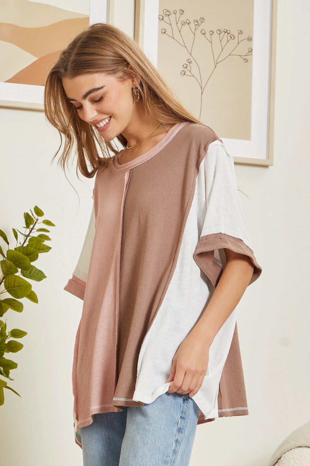 Half Sleeve Colorblocked Top in Mauve-Mocha by Andree by Unit