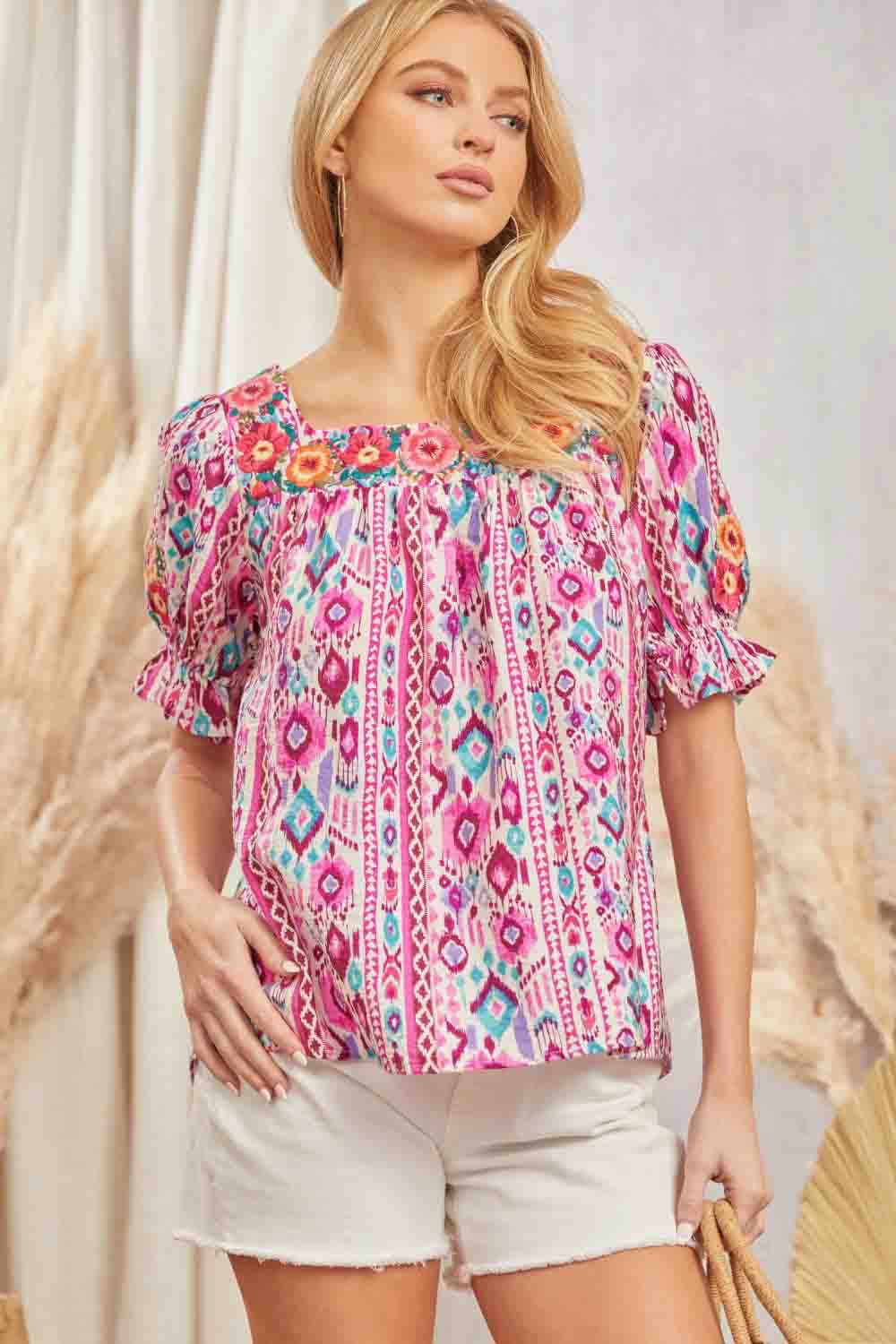 Aztec and Floral Embroidered Shirt by Savanna Jane