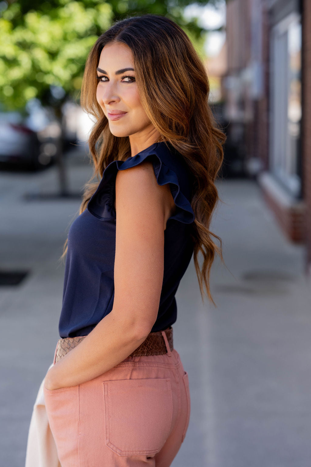 Flutter Sleeve V Neck Top in Navy by Dear Scarlett