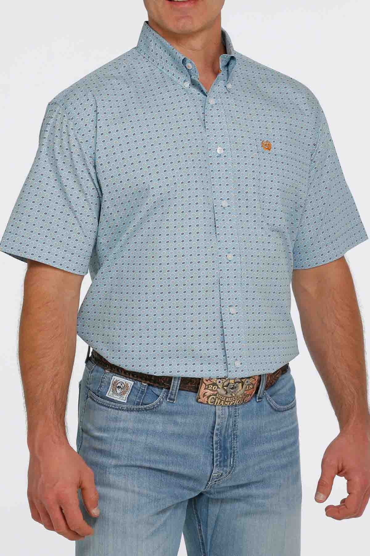Cinch Short-Sleeve Print Button-down Light Blue