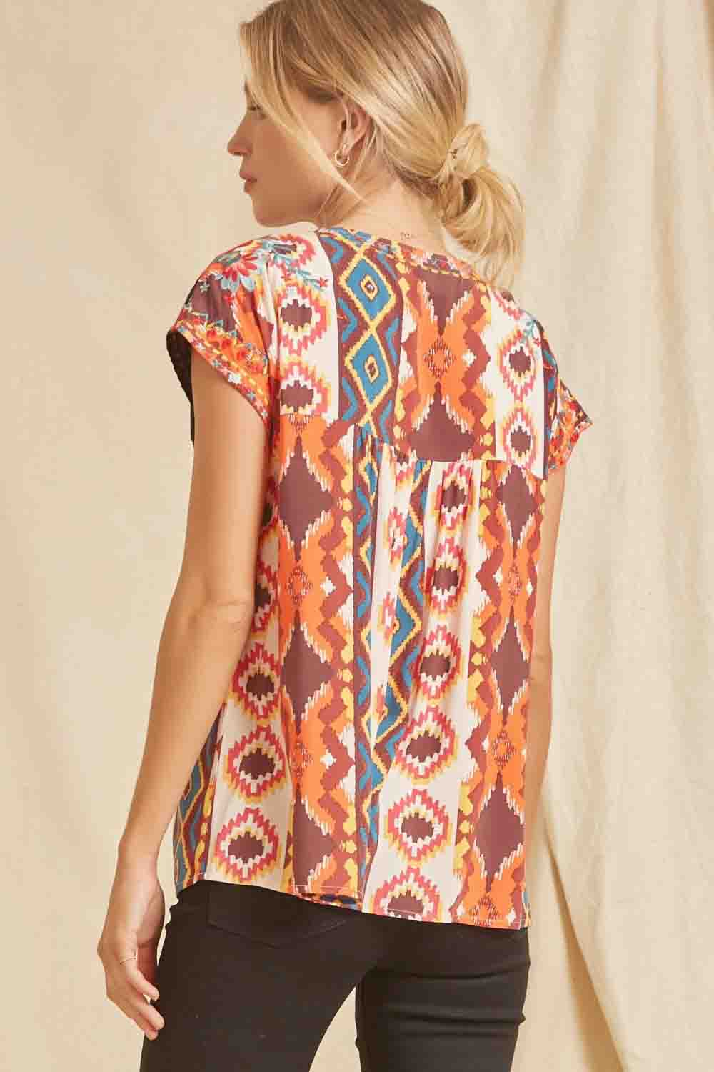 Chic Aztec Print Embroidery Top