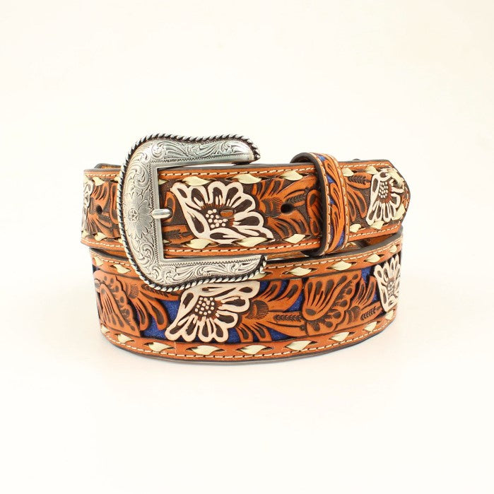 Floral Embossed Belt Tan-Blue
