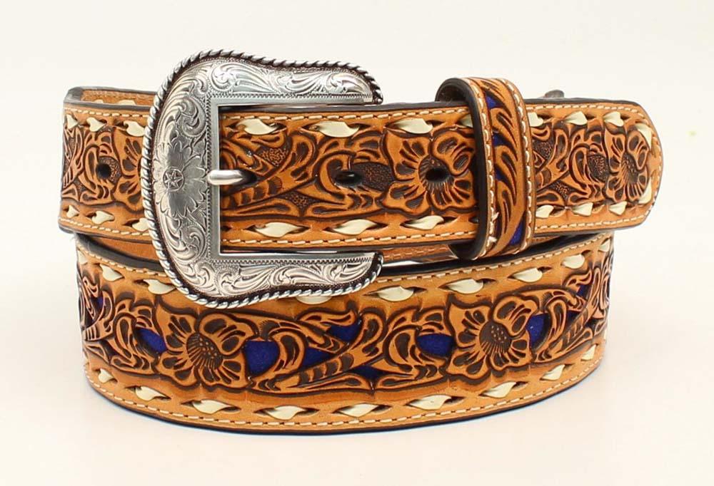 Floral Pierced Belt Tan-Blue