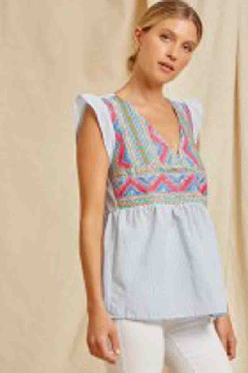 Flutter Slv Babydoll Top Denim
