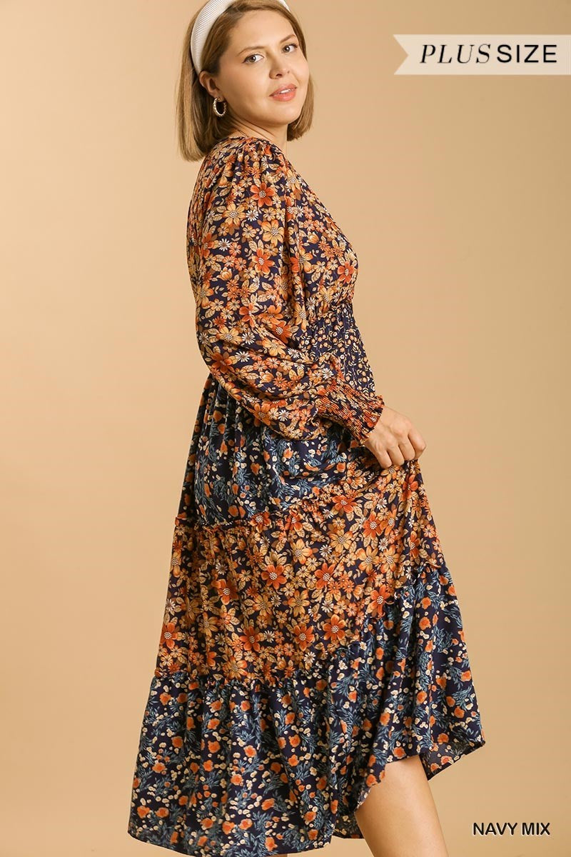 V Neck Navy Floral Midi Dress