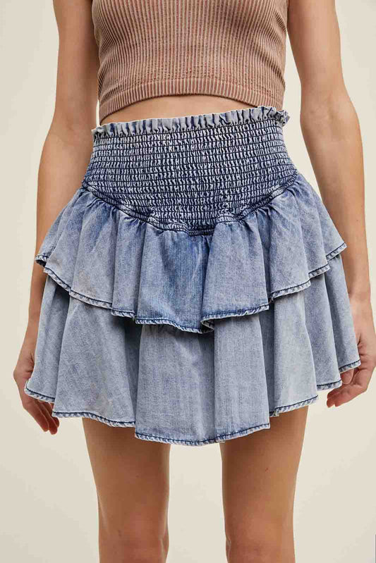 Tiered Denim Mini Skirt in Denim by Wishlist