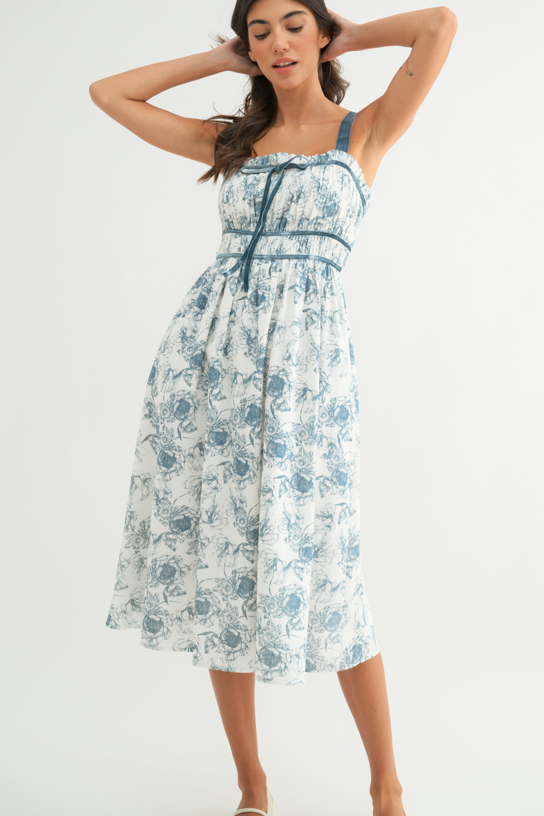 Floral Midi Dress with Velvet Trim in Blue/White by Wishlist