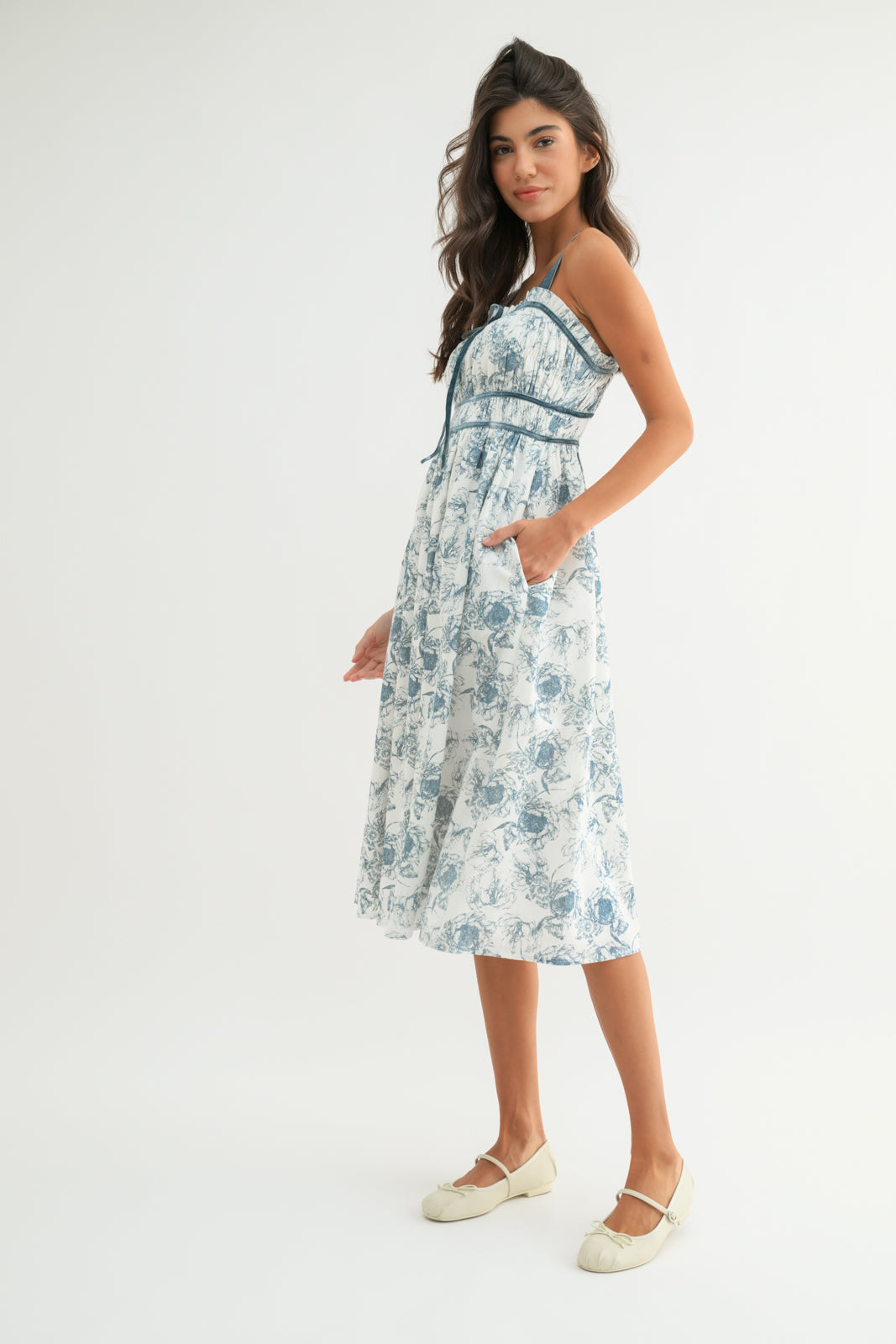 Floral Midi Dress with Velvet Trim in Blue/White by Wishlist