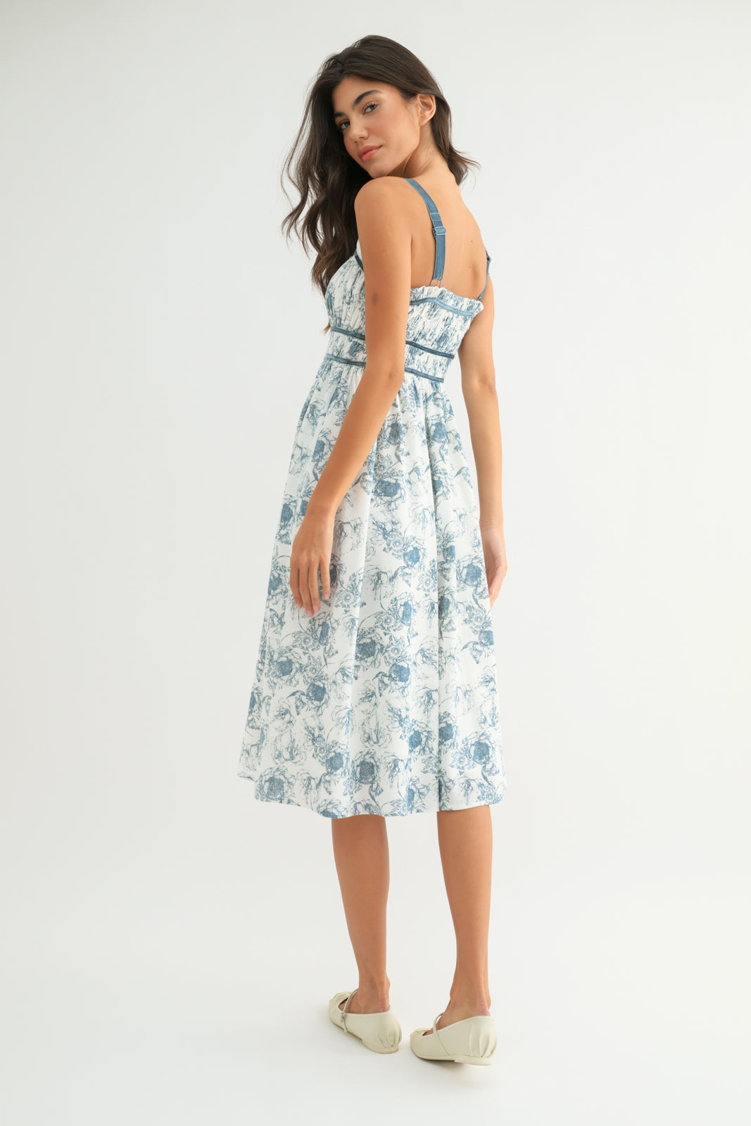Floral Midi Dress with Velvet Trim in Blue/White by Wishlist