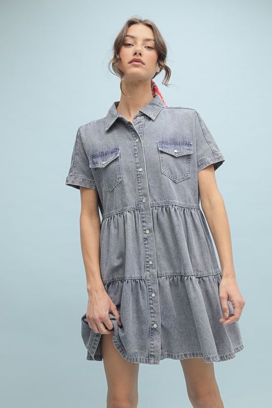 Denim Tiered Button Up Mini Dress by Wishlist