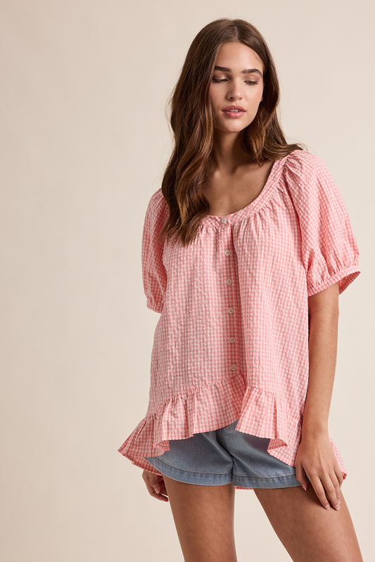 Gingham Hi-Low Ruffle Blouse in Melon by Wishlist