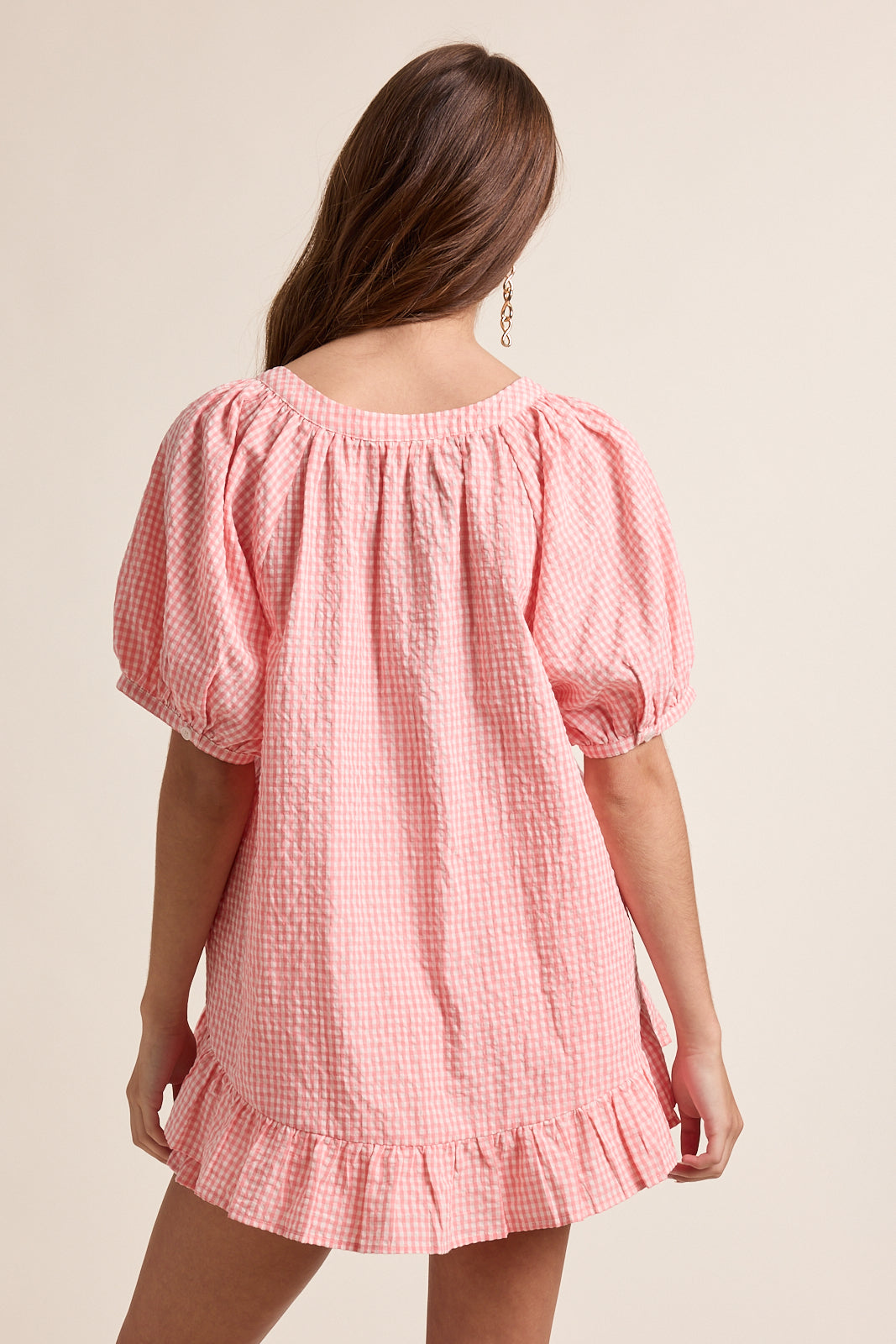 Gingham Hi-Low Ruffle Blouse in Melon by Wishlist
