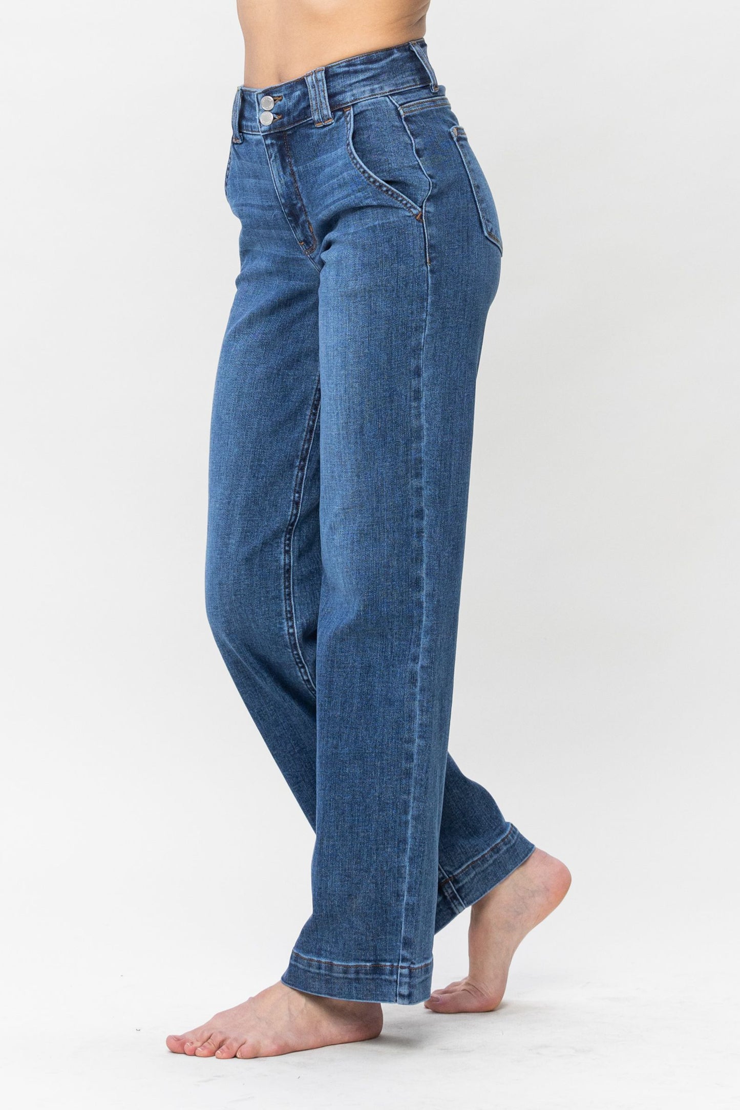 High Waist Double Button Wide Leg Jeans in Medium Blue by Judy Blue