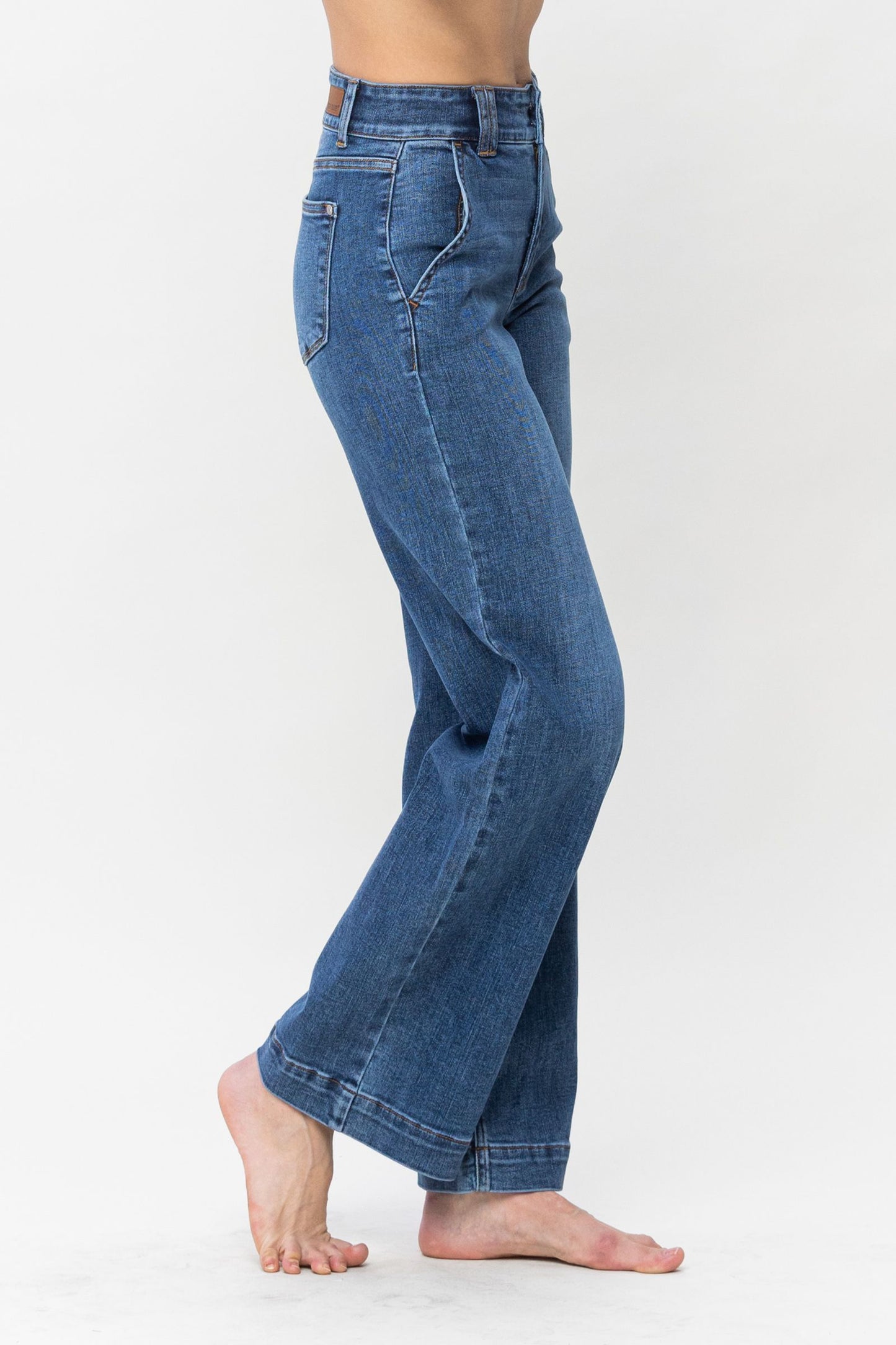 High Waist Double Button Wide Leg Jeans in Medium Blue by Judy Blue