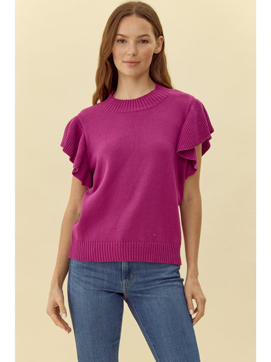 Ruffled Shoulder Solid Knit Top by Jodifl