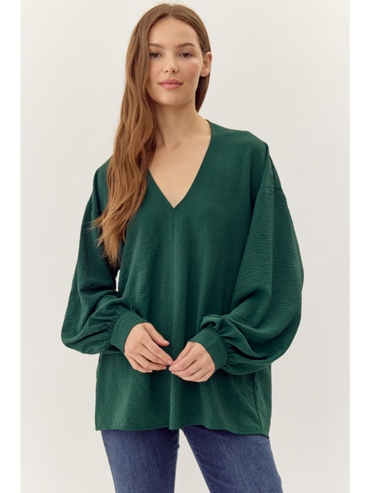 Solid Drop Shoulder V Neck Top in Hunter Green by Jodifl
