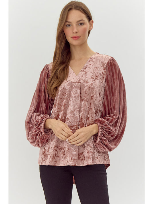 Draped Sleeve V Neck Velvet Top by Jodifl