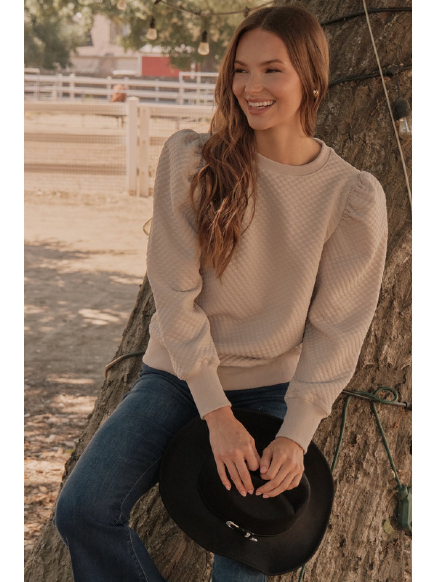 Embossing Textured U-Neck Long Sleeve Top in Beige by Jodifl