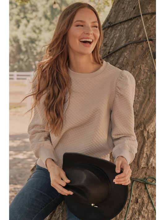 Embossing Textured U-Neck Long Sleeve Top in Beige by Jodifl