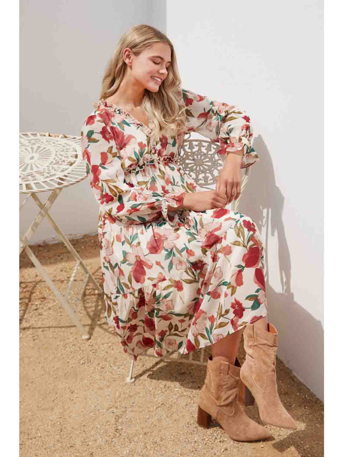 Floral Chiffon Long Sleeve Midi Dress