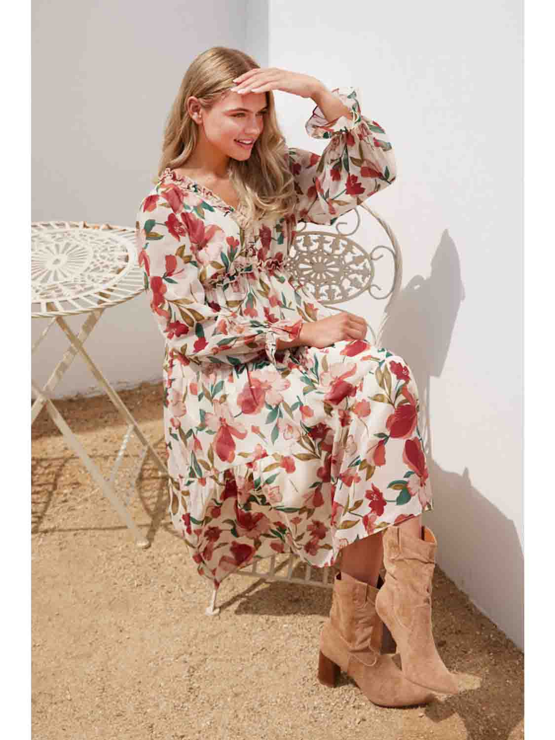 Floral Chiffon Long Sleeve Midi Dress