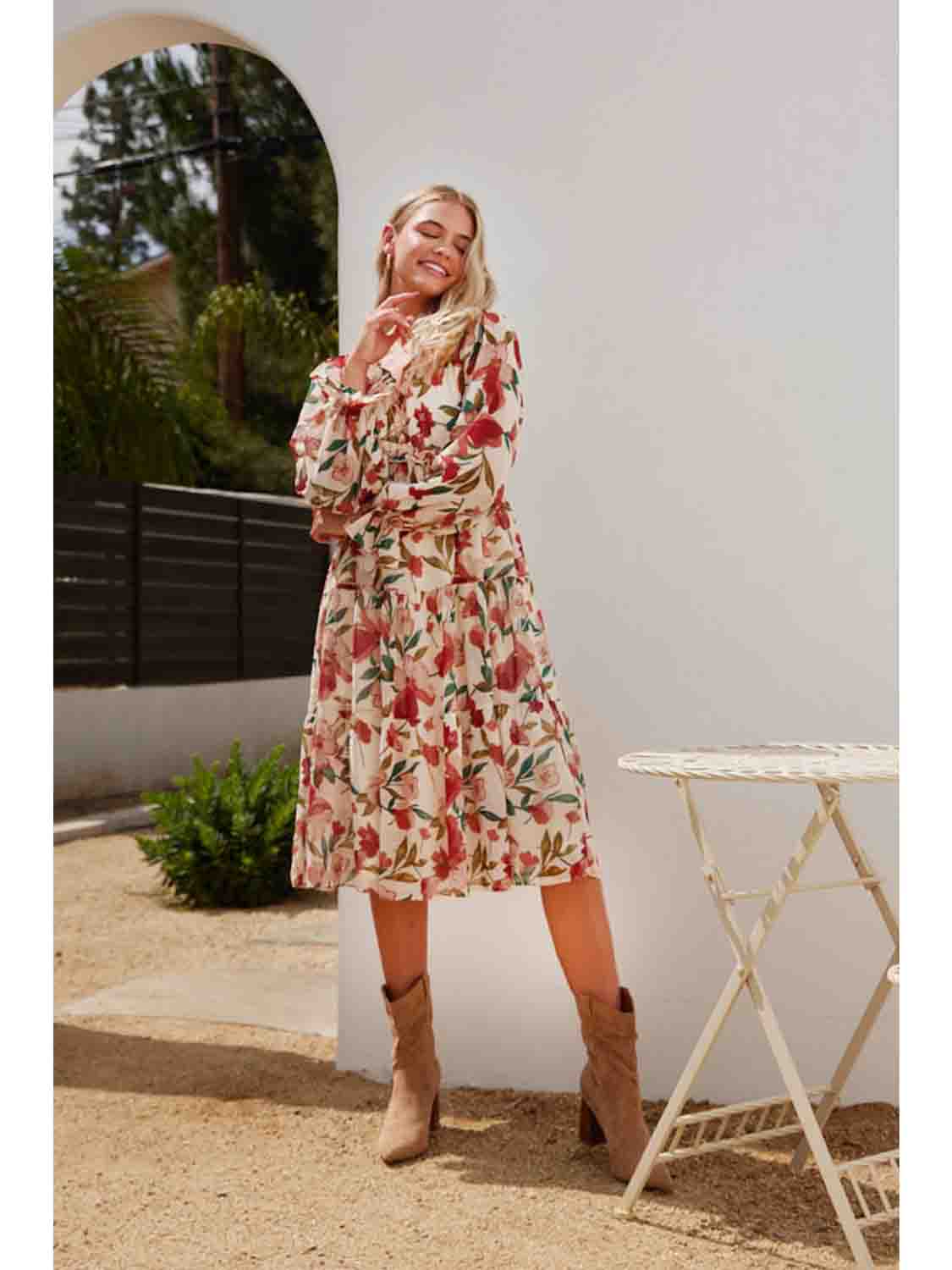 Floral Chiffon Long Sleeve Midi Dress