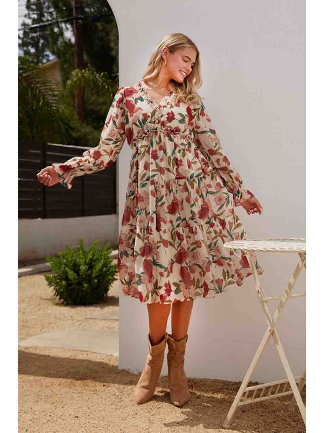 Floral Chiffon Long Sleeve Midi Dress