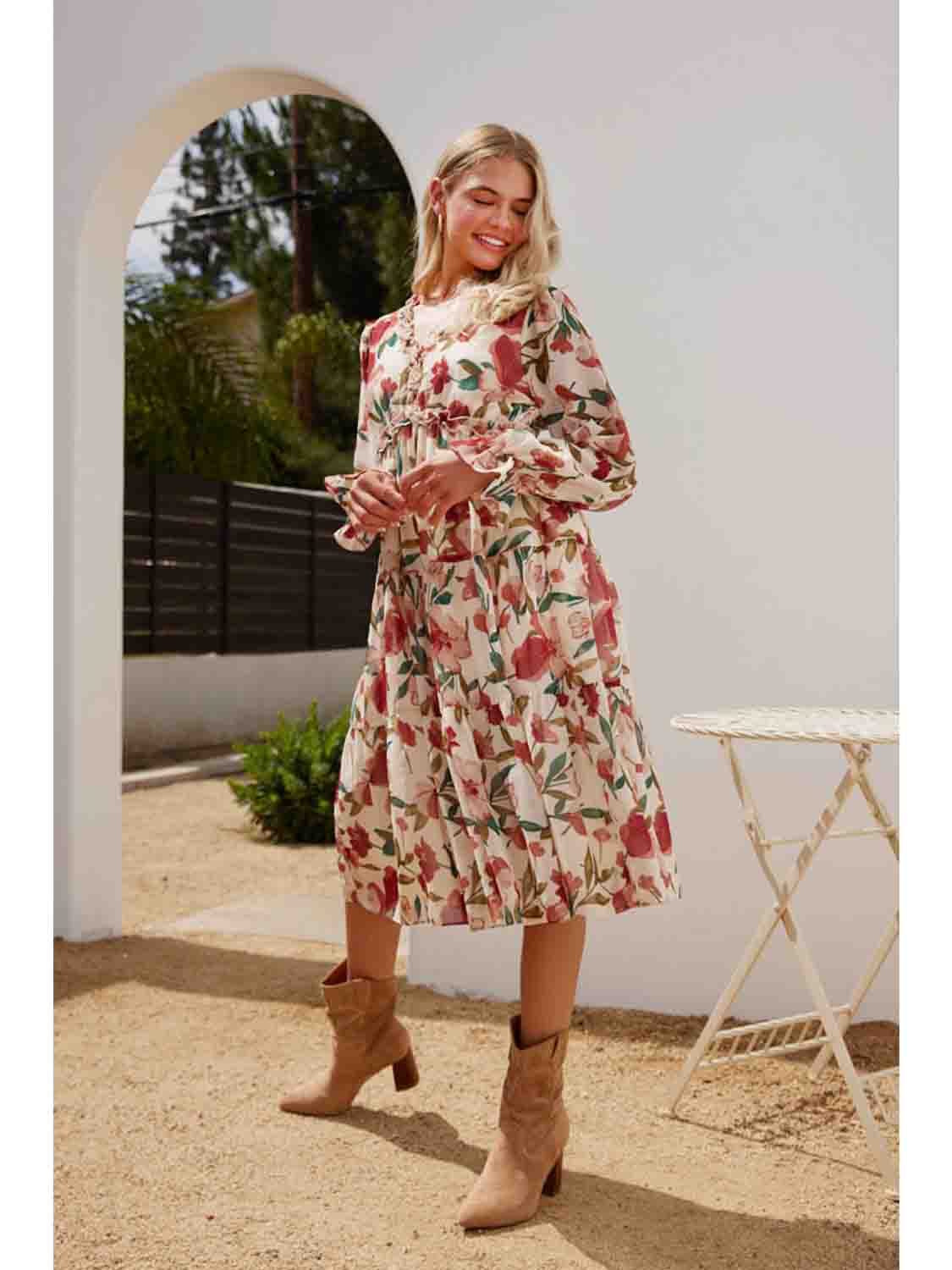 Floral Chiffon Long Sleeve Midi Dress