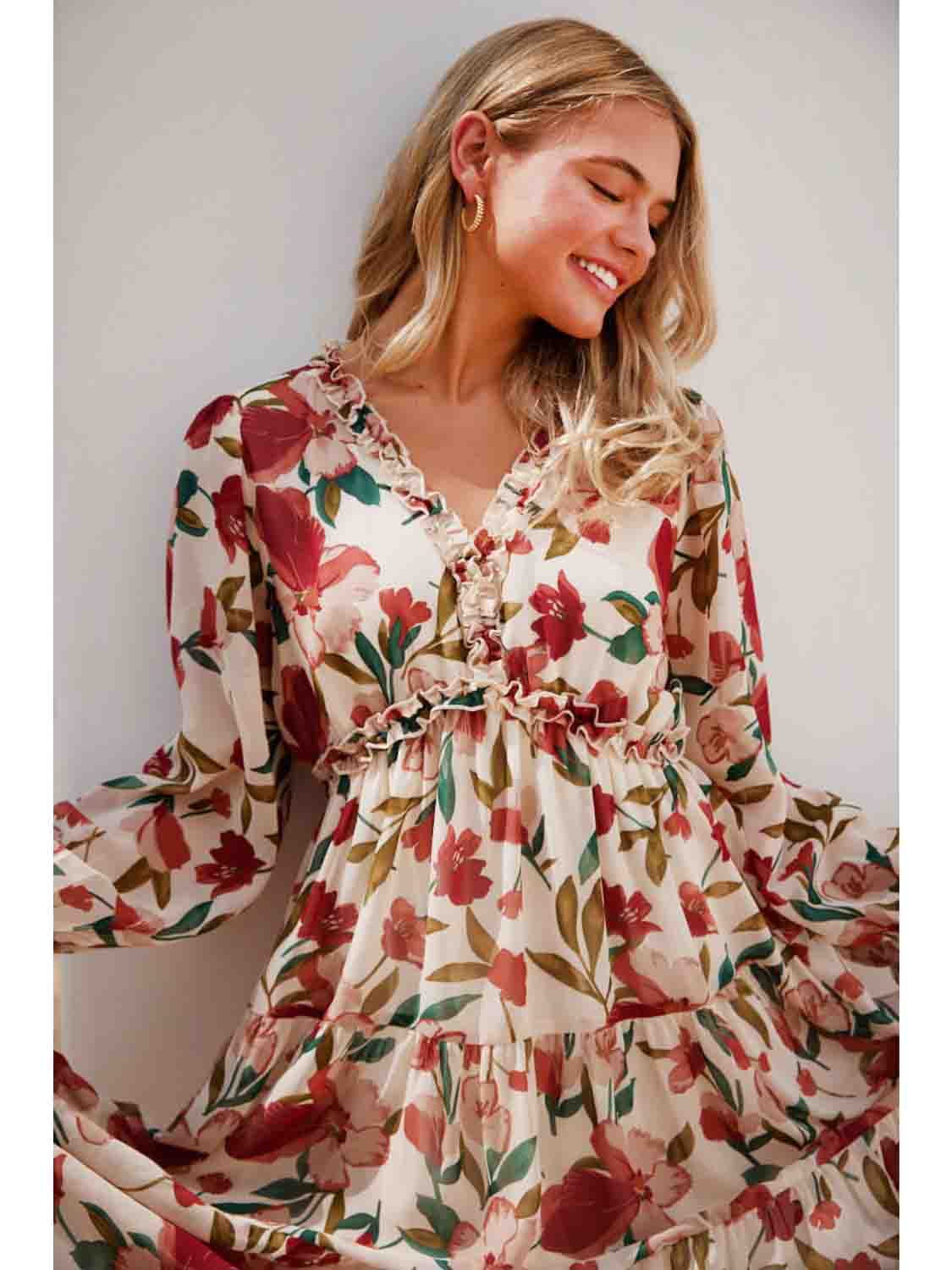 Floral Chiffon Long Sleeve Midi Dress