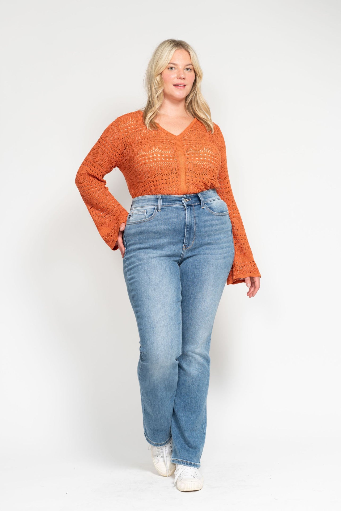 High Waisted Classic Contrast Wash Bootcut Jeans in Medium Blue by Judy Blue
